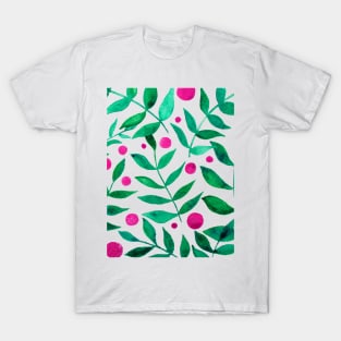 Watercolor branches and berries - green and pink T-Shirt